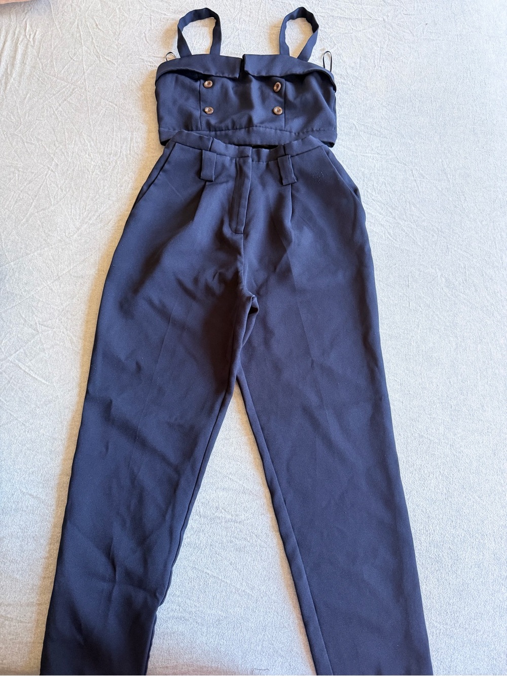 Navy High-Waist Button-Front Cropped Jumpsuit